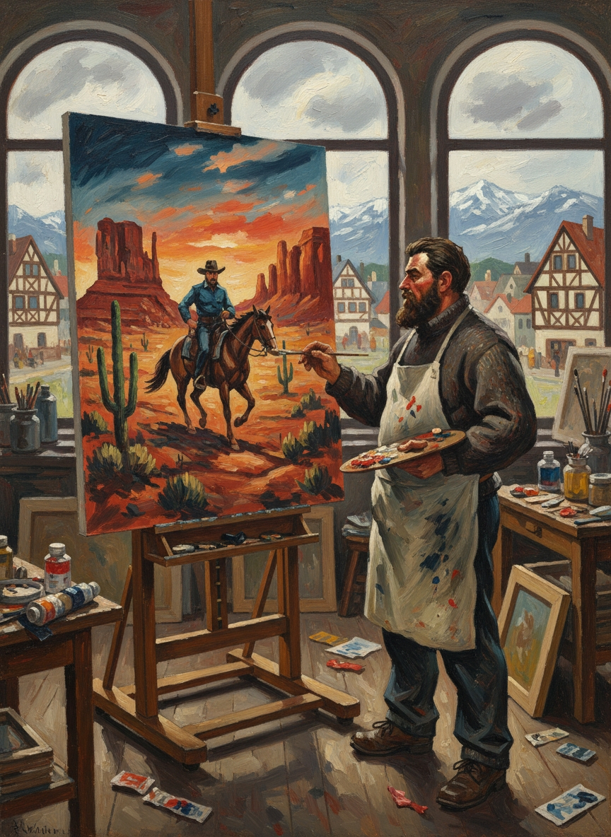German painter creating a Western movie poster
